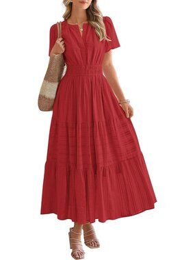 Women's Red Summer Maxi Dress Lightweight Short Sleeve V Neck Elastic Waist